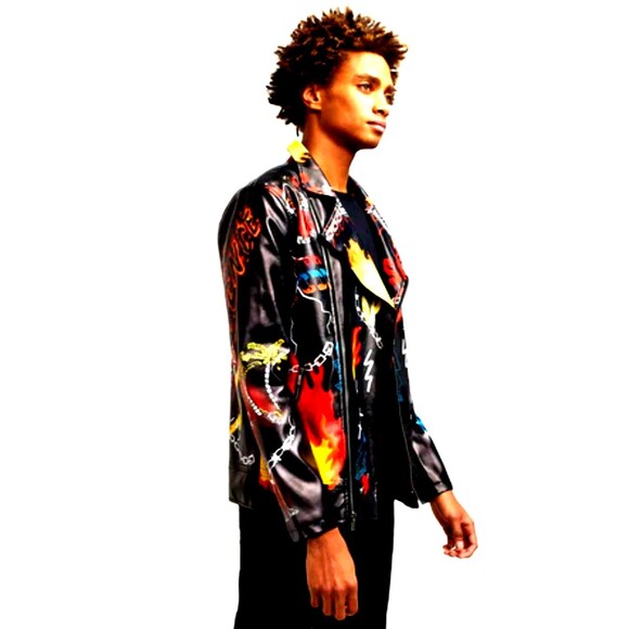 Reason Graffiti Print Moto Jacket Men’s Small Vegan Leather Streetwear Statement - Picture 1 of 14